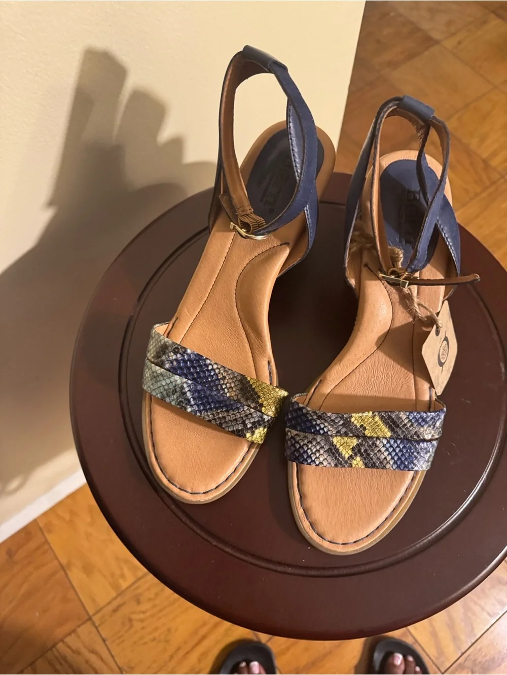 Born Blue Snake-Print Block Heel Sandals with Yellow Accents